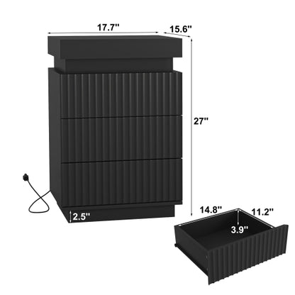 2 Pack Black Nightstand, Sliding Top Charging Station & RGB LED Fluted Drawers