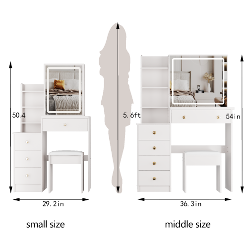 29.2inch  Small Size Left Bedside Cabinet LED Mirror Vanity Table + Cushioned Stool, Large Sliding, Touch Control, 3-color Switch, Brightness Adjust Mirror, High Capacity Storage, EPA, GCC, UL Certificate