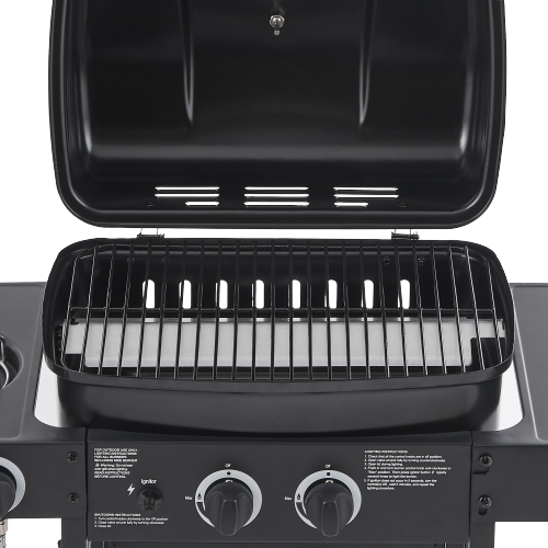 2 Burner BBQ Propane Gas Grill with Side Burner 24000 BTU Output Stainless Steel Barbecue Grill with Enameled Grates and Side Tables for Outdoor Cooking Kitchen and Patio Backyard