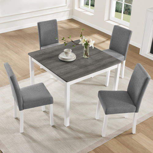 5-Piece Grey & White Two Tone Dining Set, Square Wooden Table with 4 Upholstered Chairs