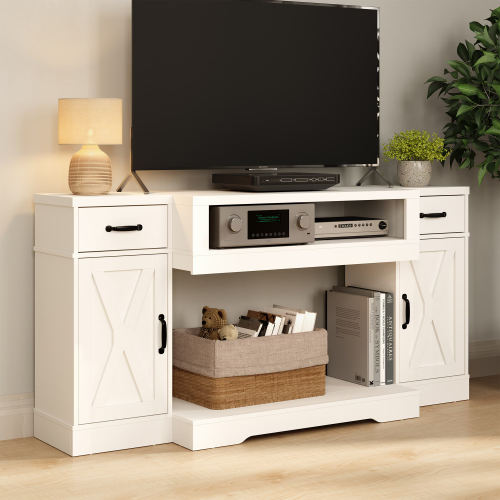 White Farmhouse 65 inch TV Stand with Adjustable Shelves and Storage