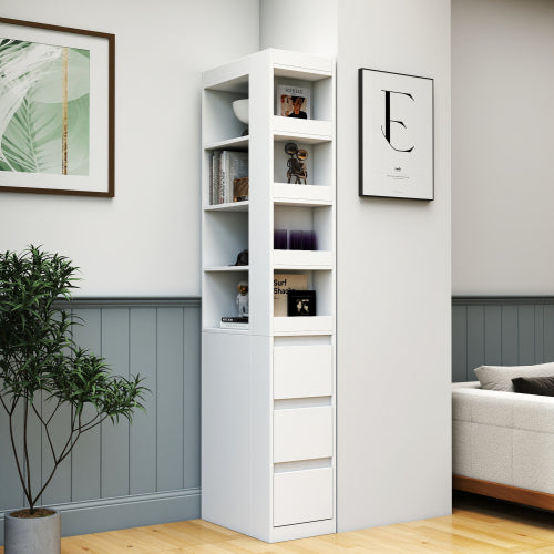 70.87''H Modern Tall Wooden Storage Cabinet 4-Tier Shelves & Side Drawers Home Bookcase