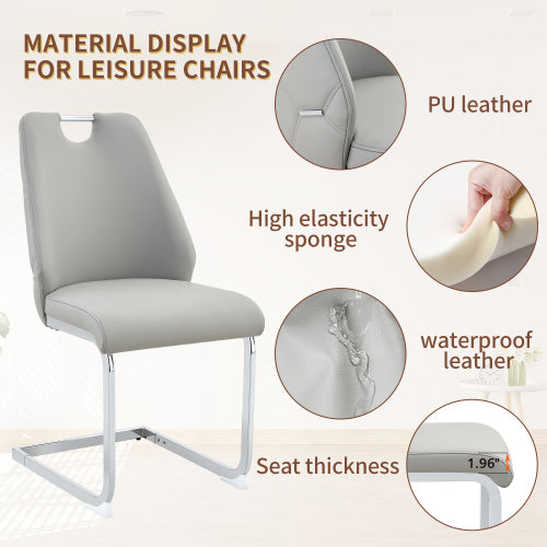Set of 2 Light Gray Gold Mesh PU High Back Dining Chairs, Silver Back Ring Chrome Pull Handle Solid Iron Frame