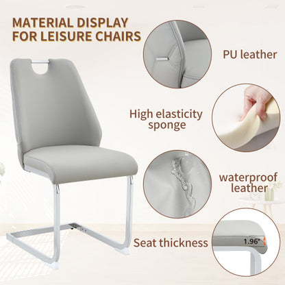 Set of 2 Light Gray Gold Mesh PU High Back Dining Chairs, Silver Back Ring Chrome Pull Handle Solid Iron Frame