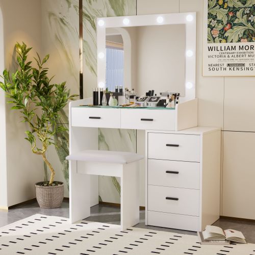 White Adjustable Vanity Desk with 5 Drawers, LED Mirror, 3 Lighting Modes & Matching Stool