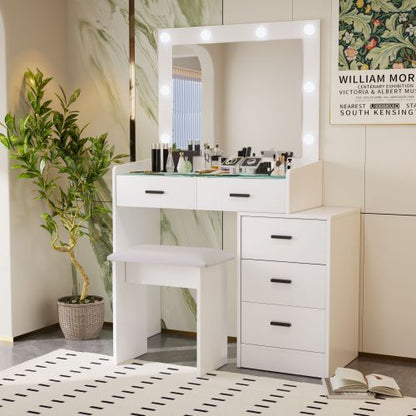 White Adjustable Vanity Desk with 5 Drawers, LED Mirror, 3 Lighting Modes & Matching Stool