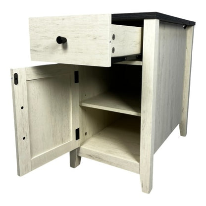 Farmhouse End Table Bedside Table with Charging Station,Night Stand with Barn Door and Drawer, Storage for Bedroom Living Room ,Bedside Table,  White+Black color