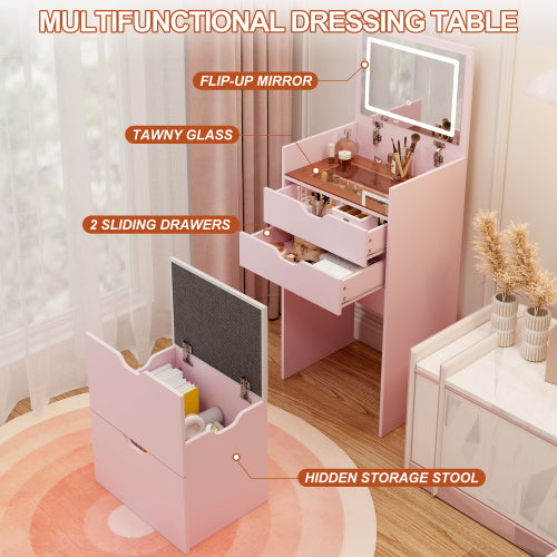 3-in-1 Multifunctional Vanity Desk Set, Flip-Up Mirror, 3-Color Lights, 2 Drawers, Hidden Storage Stool, White