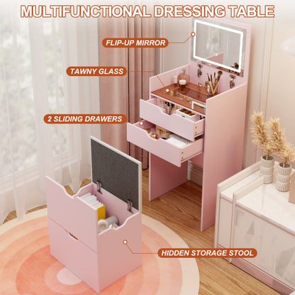 3-in-1 Multifunctional Vanity Desk Set, Flip-Up Mirror, 3-Color Lights, 2 Drawers, Hidden Storage Stool, White