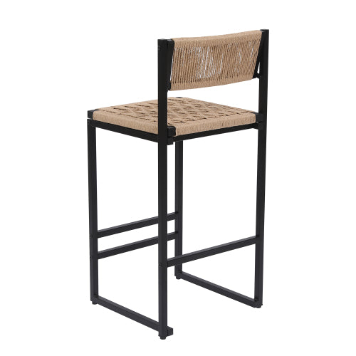 Kitchen Bar Stools with Footrest Set of 2 Paper Rope Weave Dining Chairs Counter Height Barstool (Style B Black & Honey)