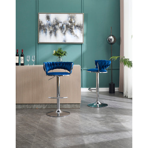 Set of 2 Bar Stools,with Chrome Footrest and Base Swivel Height Adjustable Mechanical Lifting Velvet + Chrome  Leg Simple Bar Stool-BLUE