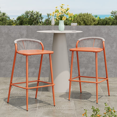Outdoor 29" Seat Height Aluminum Frame Barstools with Rope-woven Scallop-shaped Backrest, Set of 2, Orange