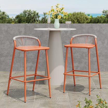 Outdoor 29" Seat Height Aluminum Frame Barstools with Rope-woven Scallop-shaped Backrest, Set of 2, Orange