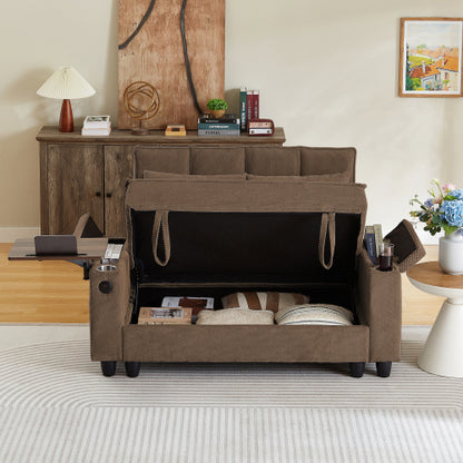 Coffee-Tone Loveseat Sofa with Storage,USB,Cup-Holder & Swivel Side Table