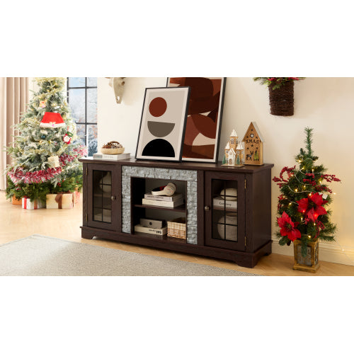 Modern 65 Inch TV Stand with Faux Stone Cabinet Cherry Media Console