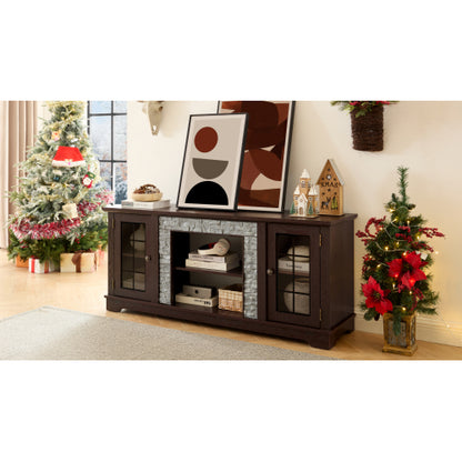 Modern 65 Inch TV Stand with Faux Stone Cabinet Cherry Media Console