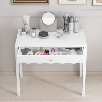 White 35.43inch  Vanity Desk with Drawer ¨C Modern Makeup Table with Scalloped Front & Gold Knob, Compact Writing Desk with 4 Sturdy Legs for Bedroom, Small Home Office & Apartment Spaces