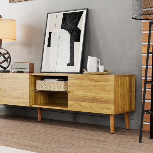 69 Inch Mid-Century Oak TV Stand 3-Door MDF Media Console Solid Pine Legs Holds TVs Up To 70 Inch