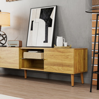69 Inch Mid-Century Oak TV Stand 3-Door MDF Media Console Solid Pine Legs Holds TVs Up To 70 Inch