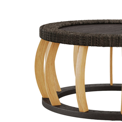 35.43inch  Vintage Rattan Round Coffee Table, Solid Wood Curved Leg Boho Table, Black Brown, 110lbs Capacity