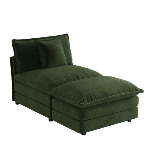 Green Chenille Armless 1-Seat Modular Sofa Unit with Ottoman, Solid-Wood Frame, Assembly-Required