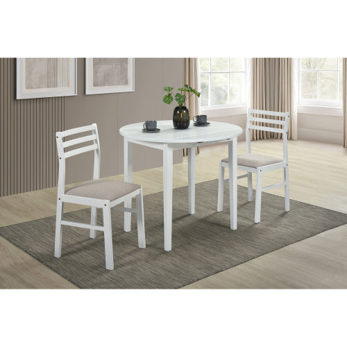 3-Piece White Round Drop Leaf Dining Set, Plywood Table & 2 Taupe Ladder Back Chairs