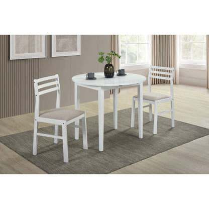 3-Piece White Round Drop Leaf Dining Set, Plywood Table & 2 Taupe Ladder Back Chairs