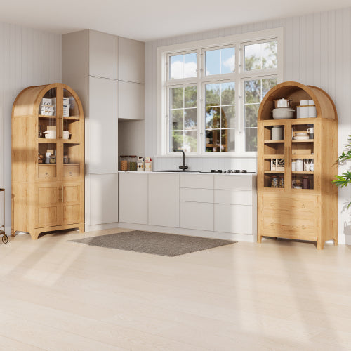 71 Inch Tall Arched Farmhouse Glass Door Kitchen Pantry Storage Cabinet