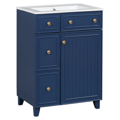 24-Inch Bathroom Vanity Cabinet with Ceramic Sink, 2 Drawers, 1 Door