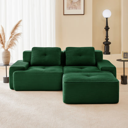 82 inch  Green L-Shaped Corduroy Modular Sofa, Movable Ottoman, No Assembly Required