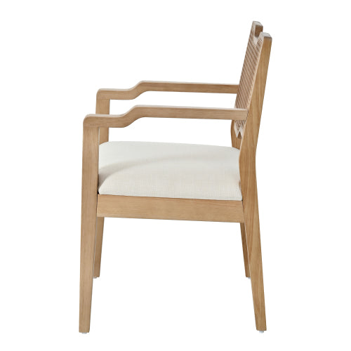 Set of 2 Natural Rubber Wood Farmhouse Rattan Back Arm Dining Chairs, Beige Fabric Upholstered 300 LBS Capacity