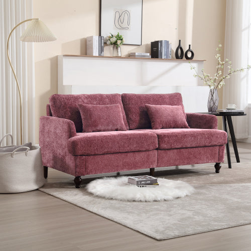 Mid-Century Modern Wine-Red Chenille 2-Seat Loveseat, Wood Legs