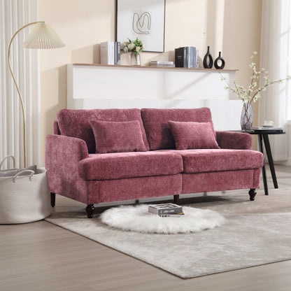 Mid-Century Modern Wine-Red Chenille 2-Seat Loveseat, Wood Legs