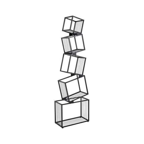 Black 5-Tier Geometric Metal Bookshelf Modern Slanted Design Space-Saving Living Room Office Storage Rack