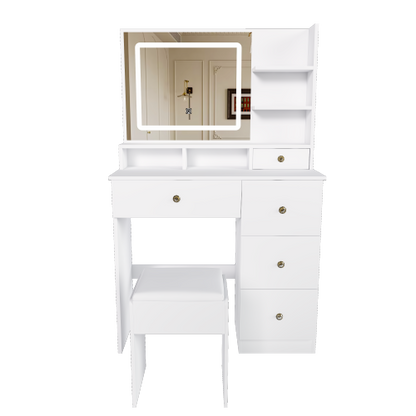 Fashion Vanity Desk w/ 3-Color Dimmable LED Mirror, 4 Silent Sliding Drawers, Open Storage Shelf, White