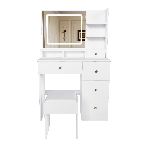 Fashion Vanity Desk w/ 3-Color Dimmable LED Mirror, 4 Silent Sliding Drawers, Open Storage Shelf, White
