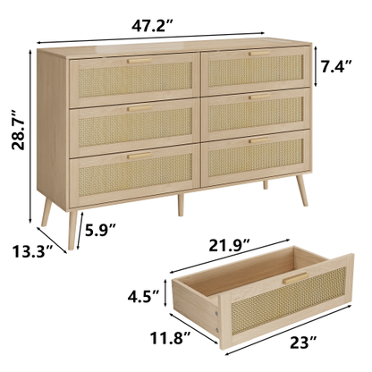 6 Drawers Chest of Dressers for Bedroom, Modern 6 Drawer Dresser, Wide Chest of Drawers with wood Handles, Rattan Dresser Storage Cabinet for Living Room, Bedroom, Hallway