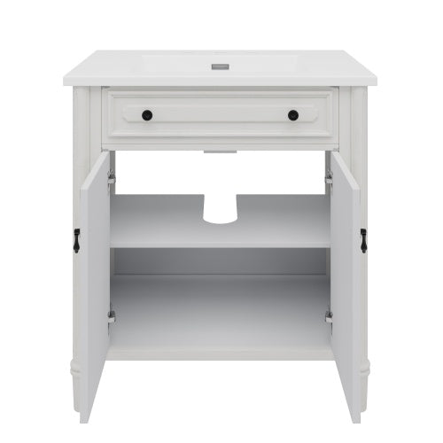 31" Vintage Bathroom Vanity with Sink, Faux Aged Finish, Rustic Bathroom Cabinet with Soft Close Doors and Adjustable Shelf, Curved Profile Design, Rubber Wood Legs, White