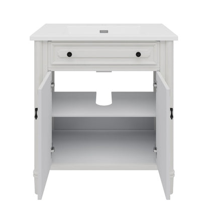 31" Vintage Bathroom Vanity with Sink, Faux Aged Finish, Rustic Bathroom Cabinet with Soft Close Doors and Adjustable Shelf, Curved Profile Design, Rubber Wood Legs, White