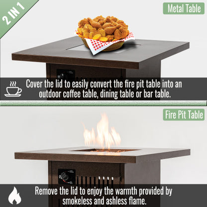 28" Propane Gas Fire Pit Table, 50000 BTU Square Steel Fire Pit for Outside Patio Deck Garden Courtyard-Brown