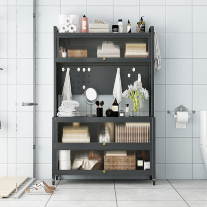 65'' Tall Kitchen Bakers Rack with Flip Door Cabinet, 5 Tier Multifunctional Microwave Stand Buffet, Coffee Bar, Quick Assembly, Gray