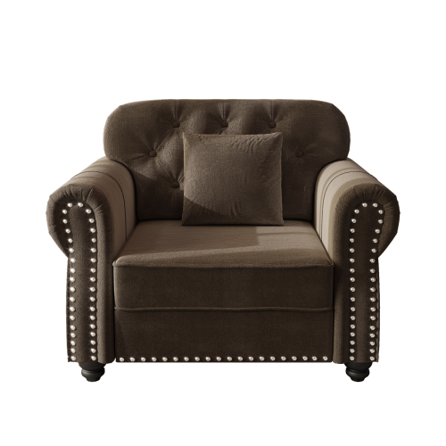 41.3 inch  Brown Mid-Century Velvet Sofa, Nailhead Trim, Rolled Arms, 1 Pillow