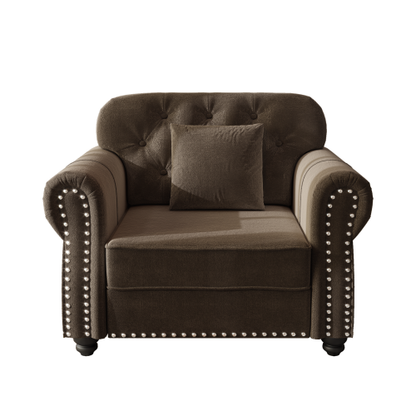41.3 inch  Brown Mid-Century Velvet Sofa, Nailhead Trim, Rolled Arms, 1 Pillow