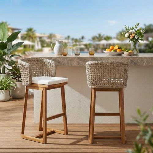 Outdoor Acacia Wood Bar Stools (Set of 2), Teak Finish Bar Height Chairs with Beige Cushion & Light Brown Wicker Back, Counter Height Stools for Patio, Poolside, Kitchen Island