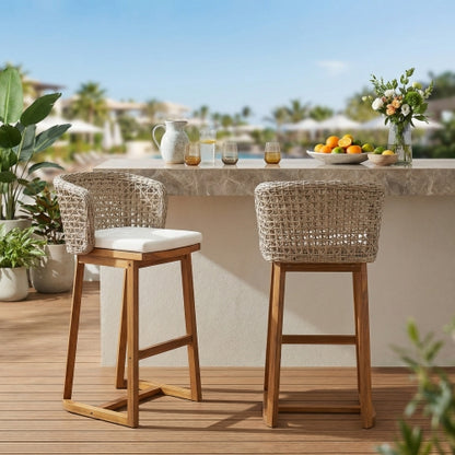 Outdoor Acacia Wood Bar Stools (Set of 2), Teak Finish Bar Height Chairs with Beige Cushion & Light Brown Wicker Back, Counter Height Stools for Patio, Poolside, Kitchen Island