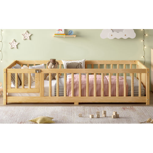 Twin Size Bed Floor Bed with Safety Guardrails and Door for Kids, Natural