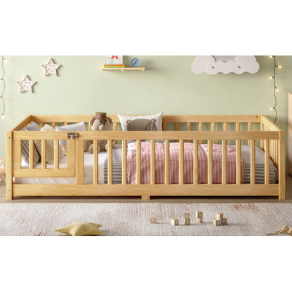 Twin Size Bed Floor Bed with Safety Guardrails and Door for Kids, Natural