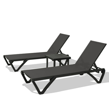 Pool Lounge Chairs Set of 2 with Side Table, Aluminum Adjustable Outdoor Chaise Lounge with Wheels, All Weather Poolside Chairs for Deck Lawn Patio Backyard, Textilene- Dark Gray