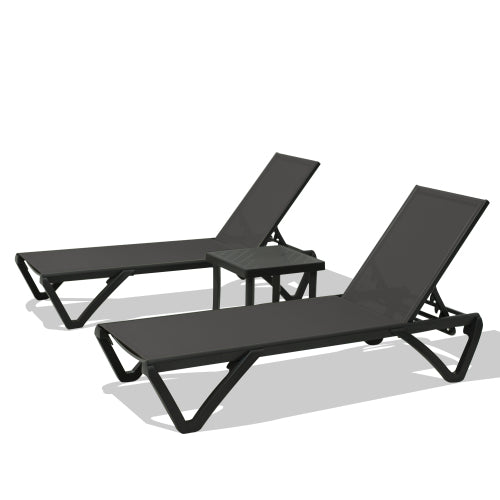 Pool Lounge Chairs Set of 2 with Side Table, Aluminum Adjustable Outdoor Chaise Lounge with Wheels, All Weather Poolside Chairs for Deck Lawn Patio Backyard, Textilene- Dark Gray