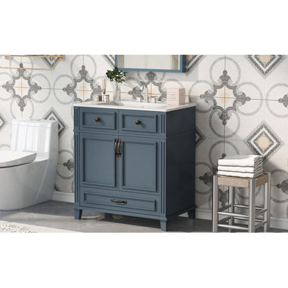 30'' Bathroom Vanity with Ceramic Sink,Solid Wood Frame Bathroom Storage Cabinet with Soft Closing Doors,Retro Style, Blue
